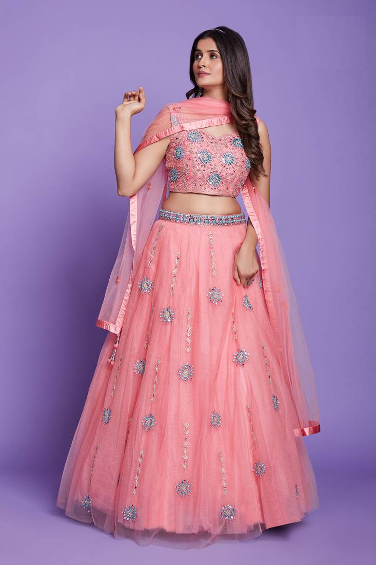 PINK THREAD MIRROR & GLITTER EMBROIDERED NET TRADITIONAL NAVRATRI PARTY WEAR FESTIVAL STITCHED LEHENGA CHOLI