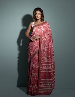   Pink Pure Chanderi Hand Block Printed Ghicha Border Saree 1
