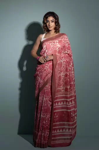 Geroo Jaipur Pink Pure Chanderi Hand Block Printed Ghicha Border Saree
