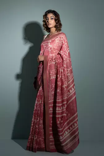   Pink Pure Chanderi Hand Block Printed Ghicha Border Saree