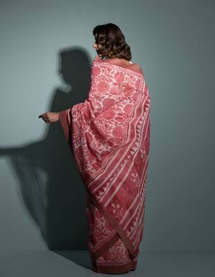   Pink Pure Chanderi Hand Block Printed Ghicha Border Saree 3