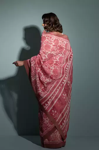   Pink Pure Chanderi Hand Block Printed Ghicha Border Saree