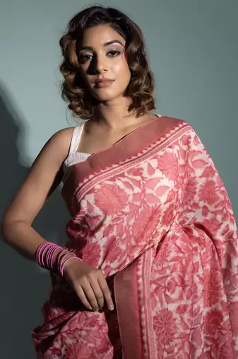   Pink Pure Chanderi Hand Block Printed Ghicha Border Saree