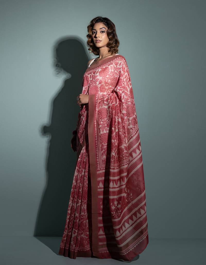 Geroo Jaipur Pink Pure Chanderi Hand Block Printed Ghicha Border Saree