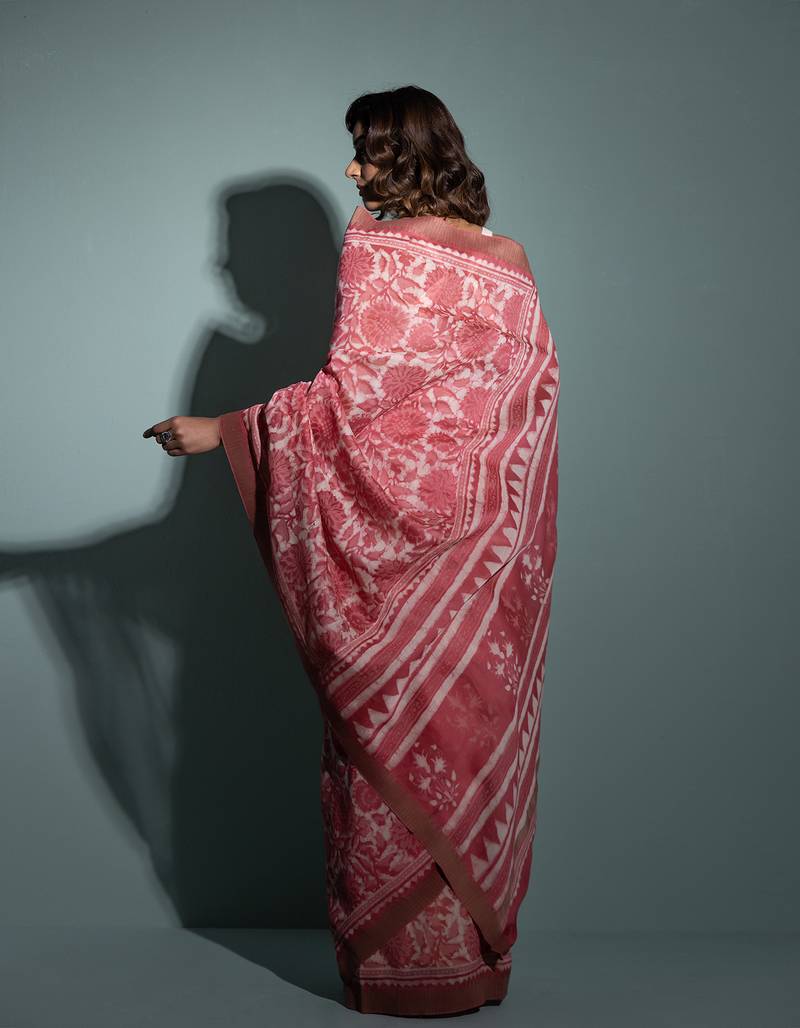 Geroo Jaipur Pink Pure Chanderi Hand Block Printed Ghicha Border Saree
