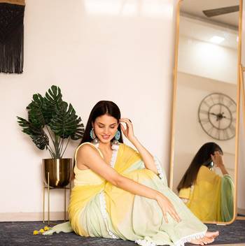 Yellow And Pista Colour Georgette Fabric Lace Border Saree WITH UN-STITCHED BLOUSE 3