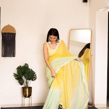 Yellow And Pista Colour Georgette Fabric Lace Border Saree WITH UN-STITCHED BLOUSE 5