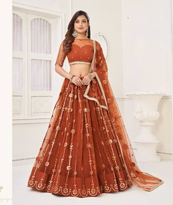 Brown Embroidery Net A Line Lehenga With Blouse 1