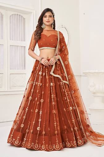 Brown Embroidery Net A Line Lehenga With Blouse