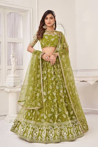 Light Green Embroidery Net A Line Lehenga With Blouse