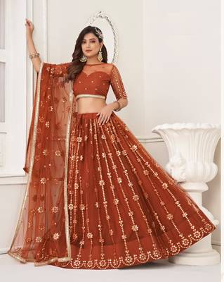 Brown Embroidery Net A Line Lehenga With Blouse 5