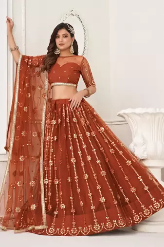 Brown Embroidery Net A Line Lehenga With Blouse