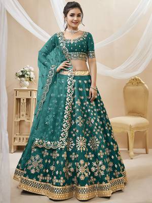teal green art silk embroidered lehenga set choli with dupatta with net dupatta 1
