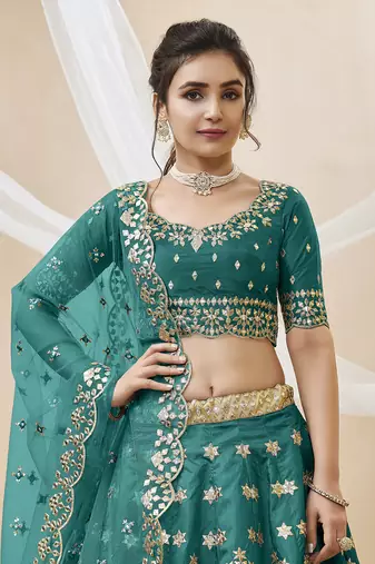 teal green art silk embroidered lehenga set choli with dupatta with net dupatta