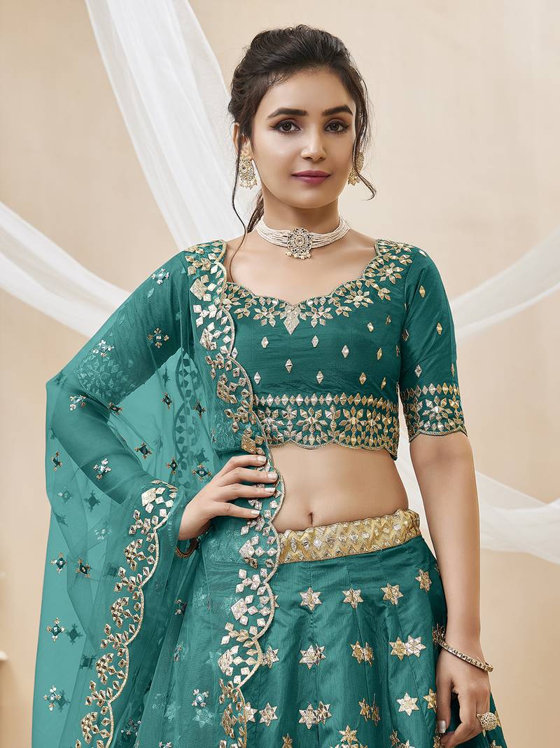 Teal Green Art Silk Embroidered Lehenga Choli with Net Dupatta