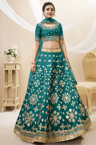 teal green art silk embroidered lehenga set choli with dupatta with net dupatta