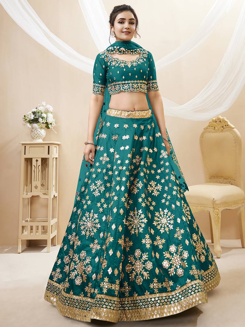 Teal Green Art Silk Embroidered Lehenga Choli with Net Dupatta