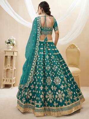 teal green art silk embroidered lehenga set choli with dupatta with net dupatta 4