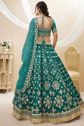 teal green art silk embroidered lehenga set choli with dupatta with net dupatta