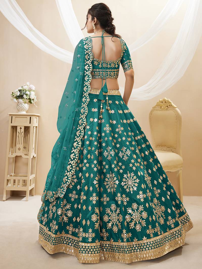 Teal Green Art Silk Embroidered Lehenga Choli with Net Dupatta
