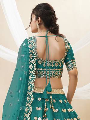 teal green art silk embroidered lehenga set choli with dupatta with net dupatta 5