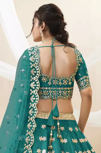 teal green art silk embroidered lehenga set choli with dupatta with net dupatta