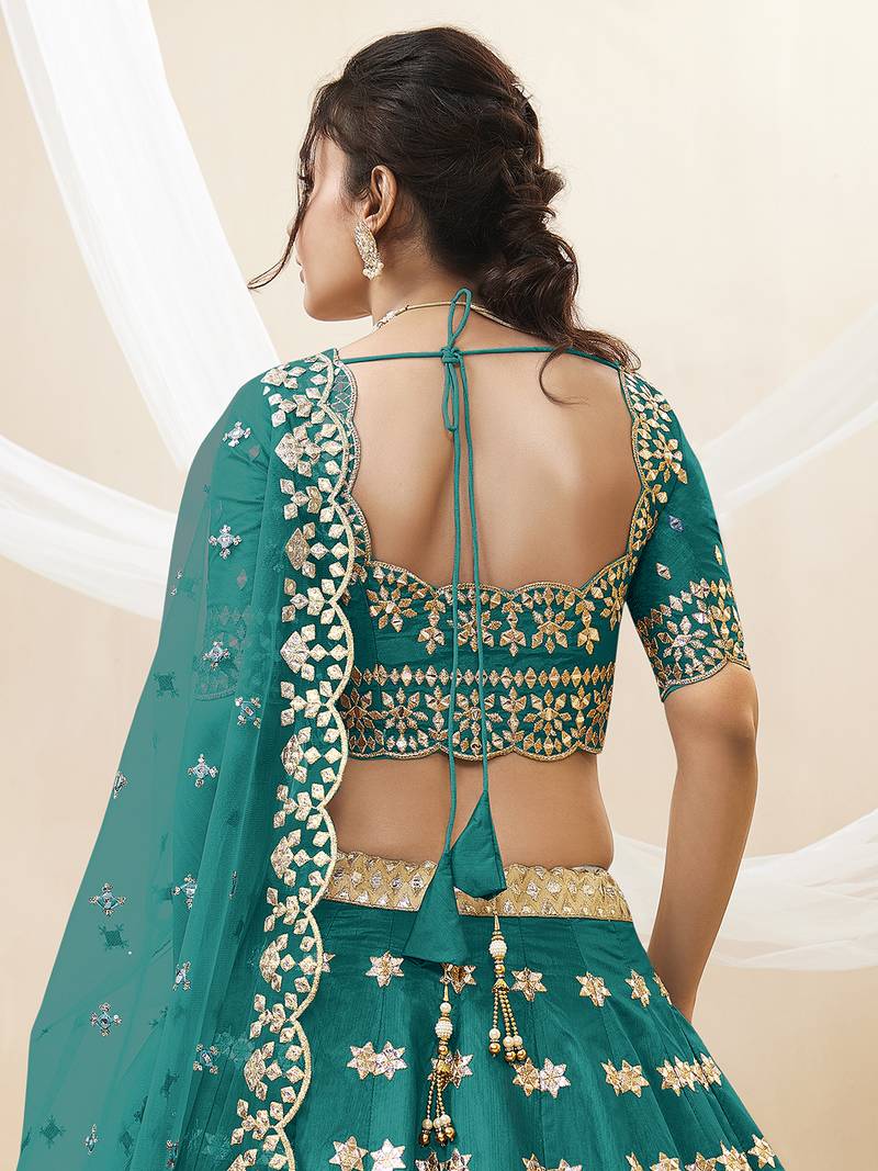 Teal Green Art Silk Embroidered Lehenga Choli with Net Dupatta