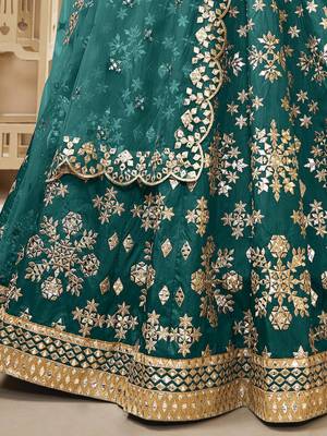 teal green art silk embroidered lehenga set choli with dupatta with net dupatta 6