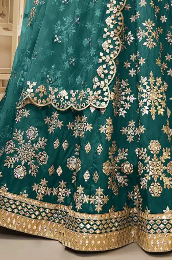 teal green art silk embroidered lehenga set choli with dupatta with net dupatta