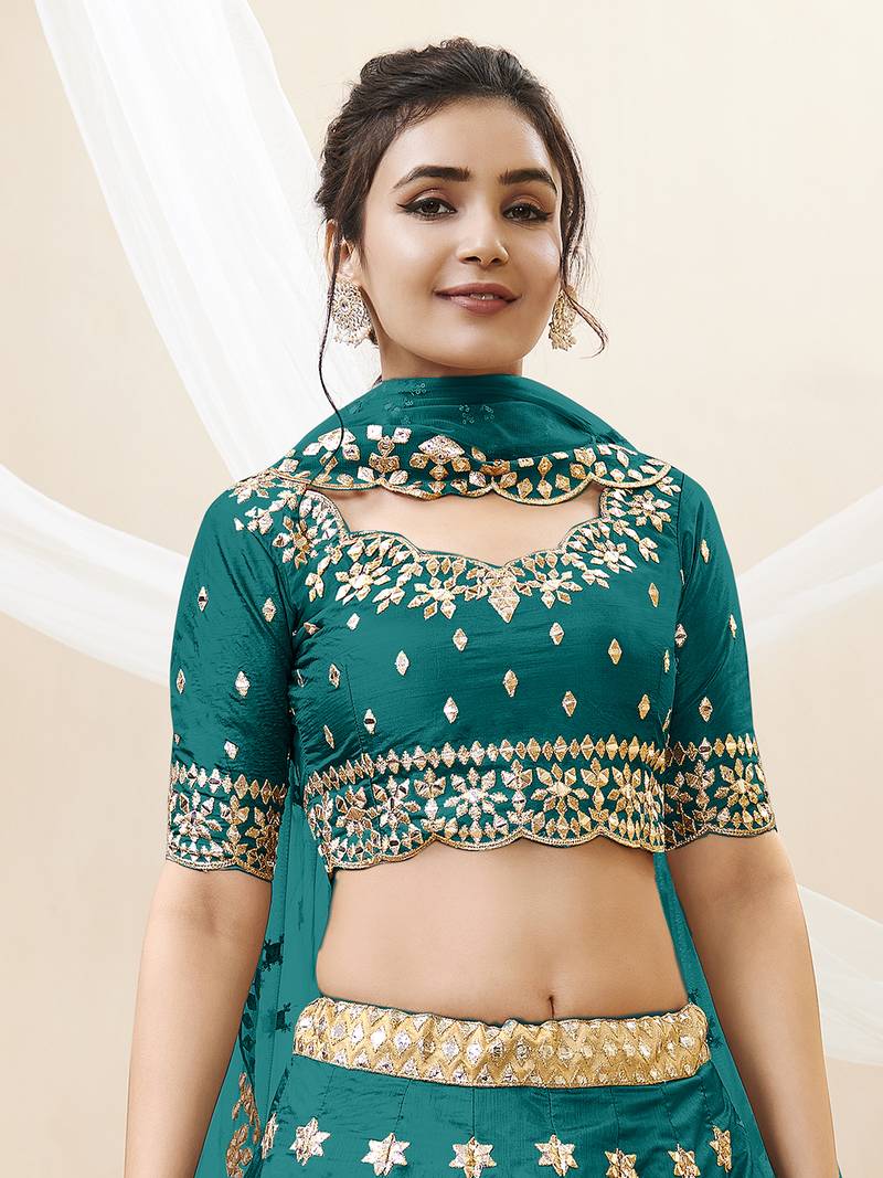 Teal Green Art Silk Embroidered Lehenga Choli with Net Dupatta