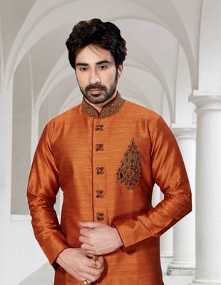 Indian Poshakh Rust Semi Indo Ghiccha Silk Kurta Pajama 2