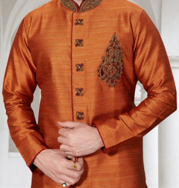 Indian Poshakh Rust Semi Indo Ghiccha Silk Kurta Pajama 3