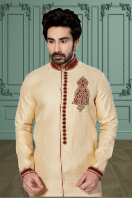 Indian Poshakh Gold Semi Indo Jacquard Kurta Pajama 2
