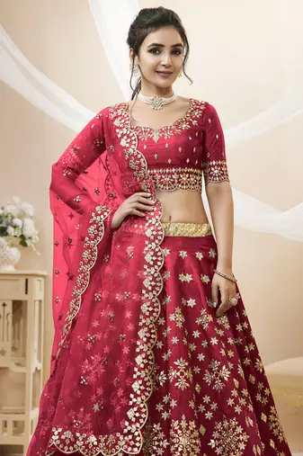 Dazzling Red Embroidered Work Art Silk Bridesmaid Lehenga Choli
