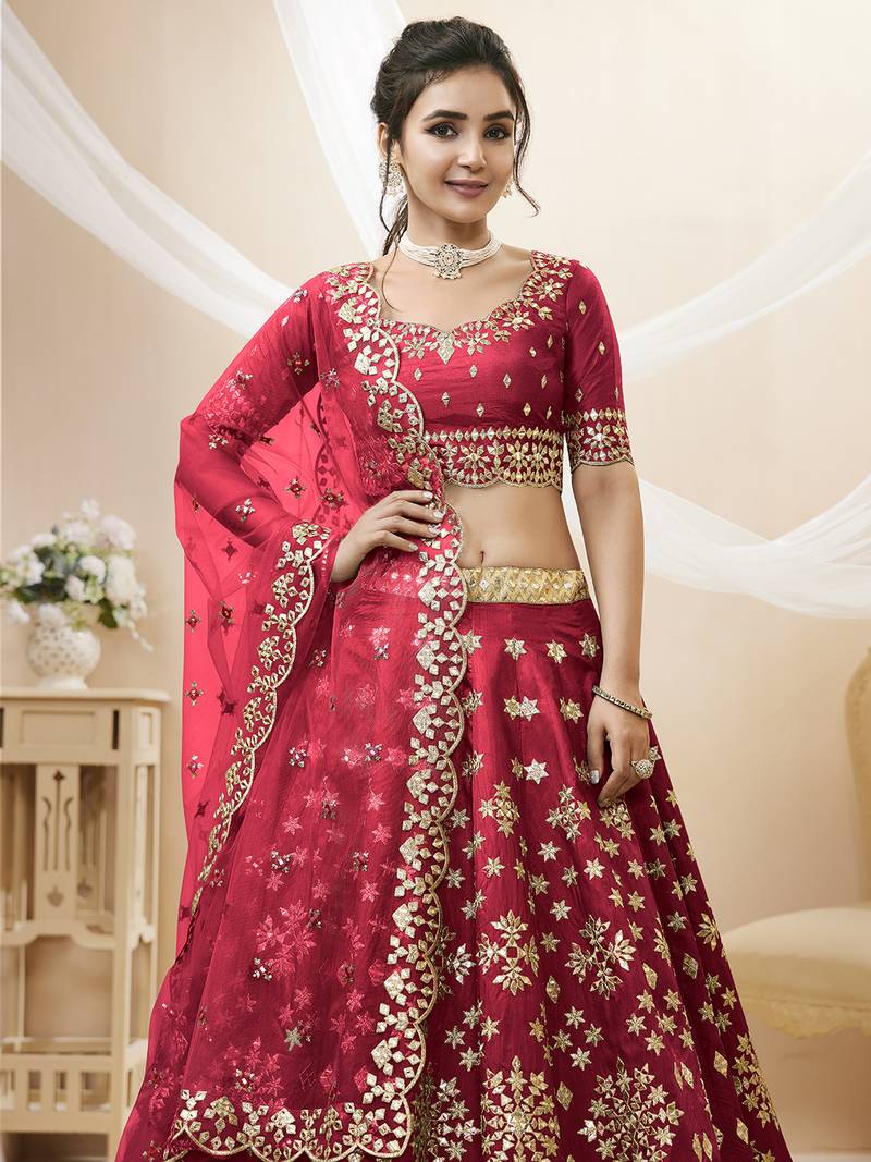 Dazzling Red Embroidered Work Art Silk Bridesmaid Lehenga Choli