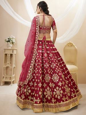 Dazzling Red Embroidered Work Art Silk Bridesmaid Lehenga Choli 4