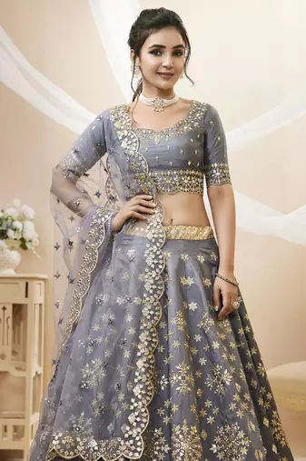 Dazzling Grey Embroidered Work Art Silk Bridesmaid Lehenga Choli