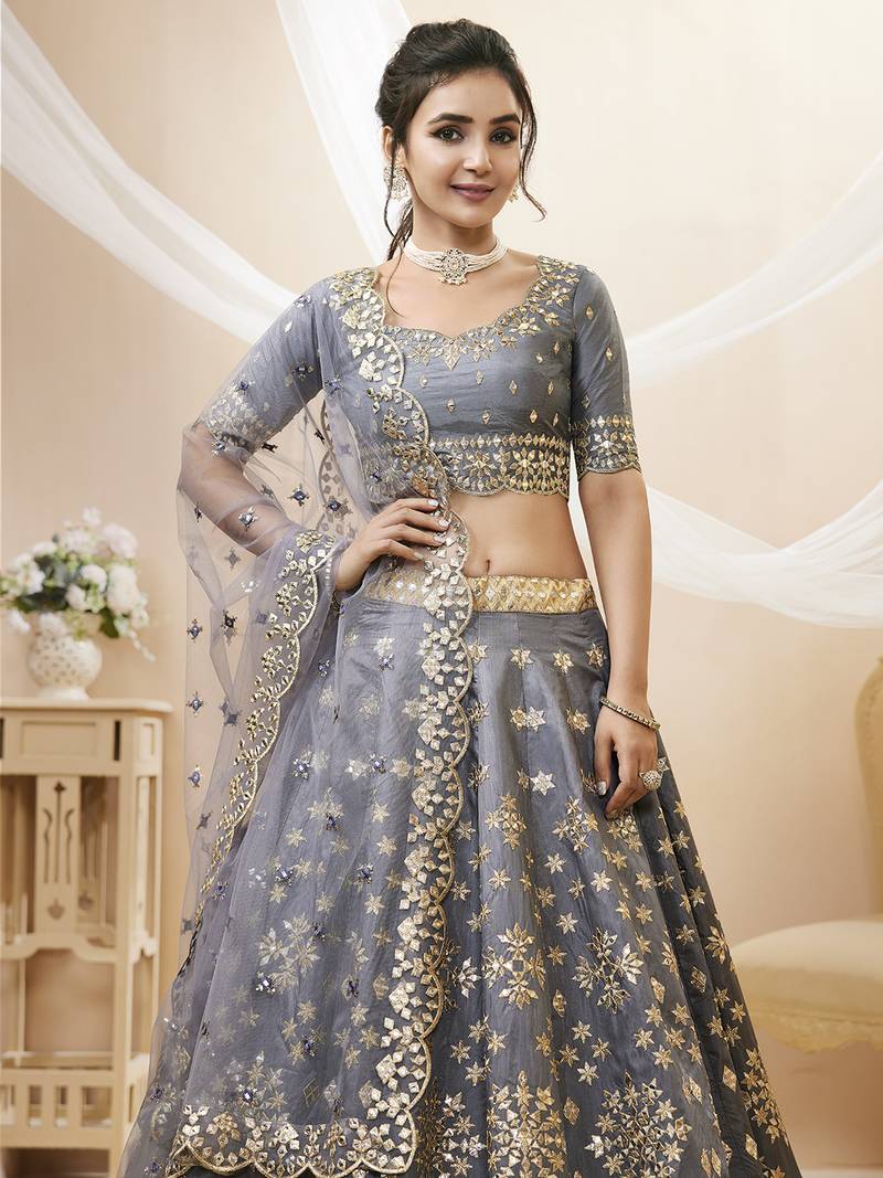Dazzling Grey Embroidered Work Art Silk Bridesmaid Lehenga Choli