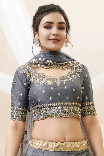 Dazzling Grey Embroidered Work Art Silk Bridesmaid Lehenga Choli