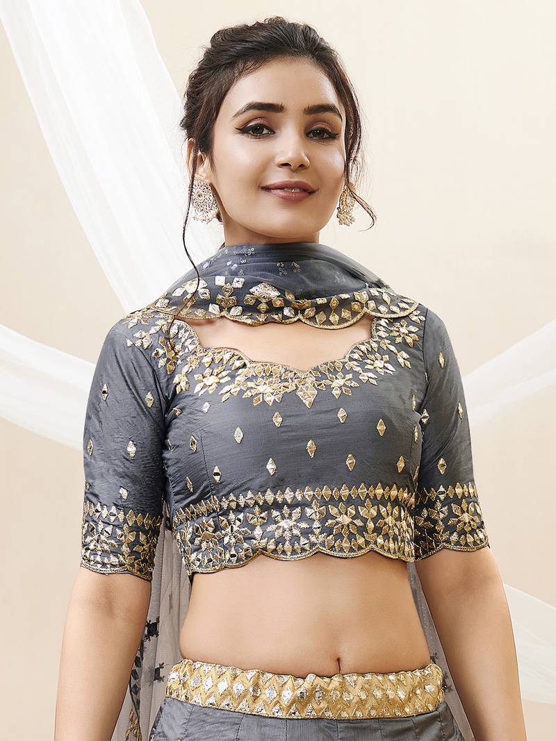 Dazzling Grey Embroidered Work Art Silk Bridesmaid Lehenga Choli