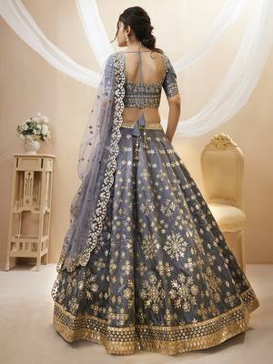 Dazzling Grey Embroidered Work Art Silk Bridesmaid Lehenga Choli 6