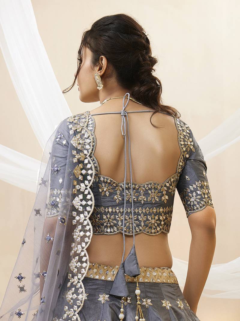 Dazzling Grey Embroidered Work Art Silk Bridesmaid Lehenga Choli