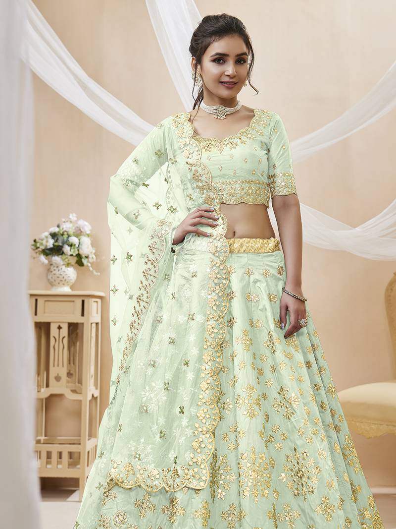 Dazzling Pista Embroidered Work Art Silk Bridesmaid Lehenga Choli