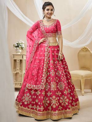 pink embroidered work art silk lehenga set choli with dupatta 1