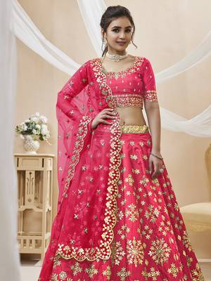 pink embroidered work art silk lehenga set choli with dupatta 2