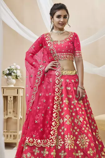 pink embroidered work art silk lehenga set choli with dupatta