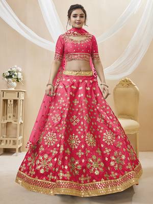 pink embroidered work art silk lehenga set choli with dupatta 3
