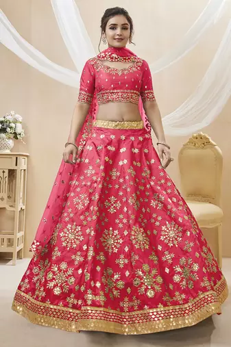 pink embroidered work art silk lehenga set choli with dupatta
