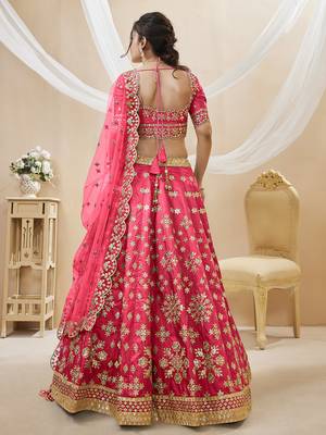 pink embroidered work art silk lehenga set choli with dupatta 4