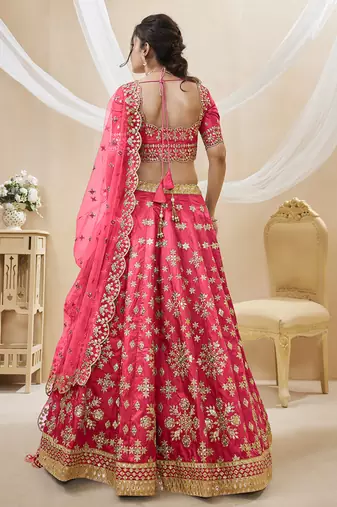 pink embroidered work art silk lehenga set choli with dupatta